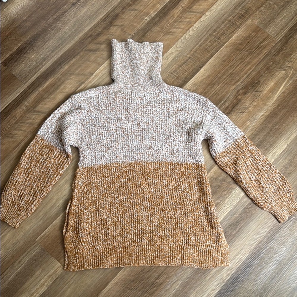 Cream and Tan Cowl Neck Sweater with Textured Knit